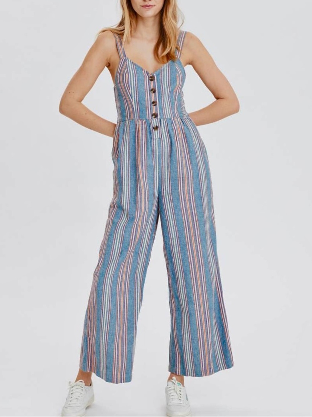 American Eagle Jumpsuit Blue Striped Denim Wide Leg Cotton Linen L Beach Summer